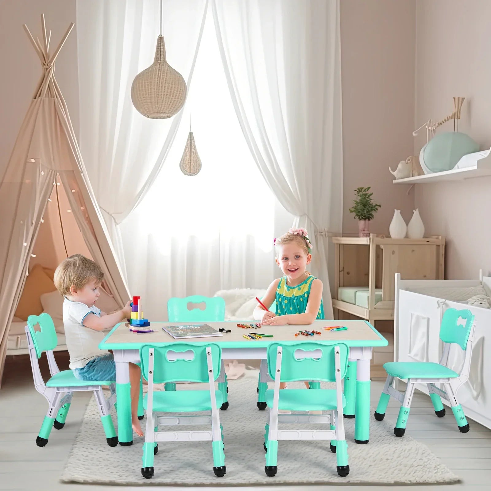 Kids Table & 6-Chair Set – Height Adjustable Multi-Activity Study & Craft Table for Children (Ages 2-10) 🖍️