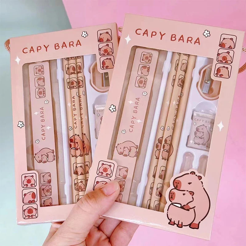 8-in-1 Capybara Stationery Set – Cartoon Animal Pencil, Ruler, Eraser & Sharpener for Kids