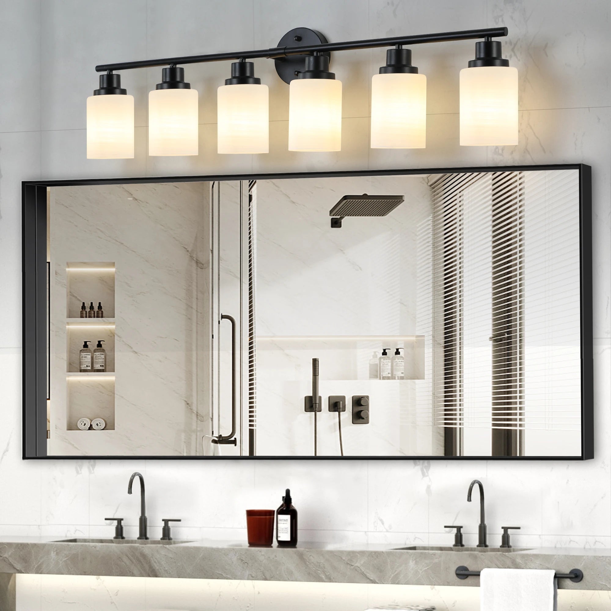 Modern Vanity Bathroom Mirror Light – 4/5/6 Lights, Frosted White Glass Lampshades with Black Iron Frame Contemporary Wall Sconce