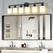 Modern Vanity Bathroom Mirror Light – 4/5/6 Lights, Frosted White Glass Lampshades with Black Iron Frame Contemporary Wall Sconce