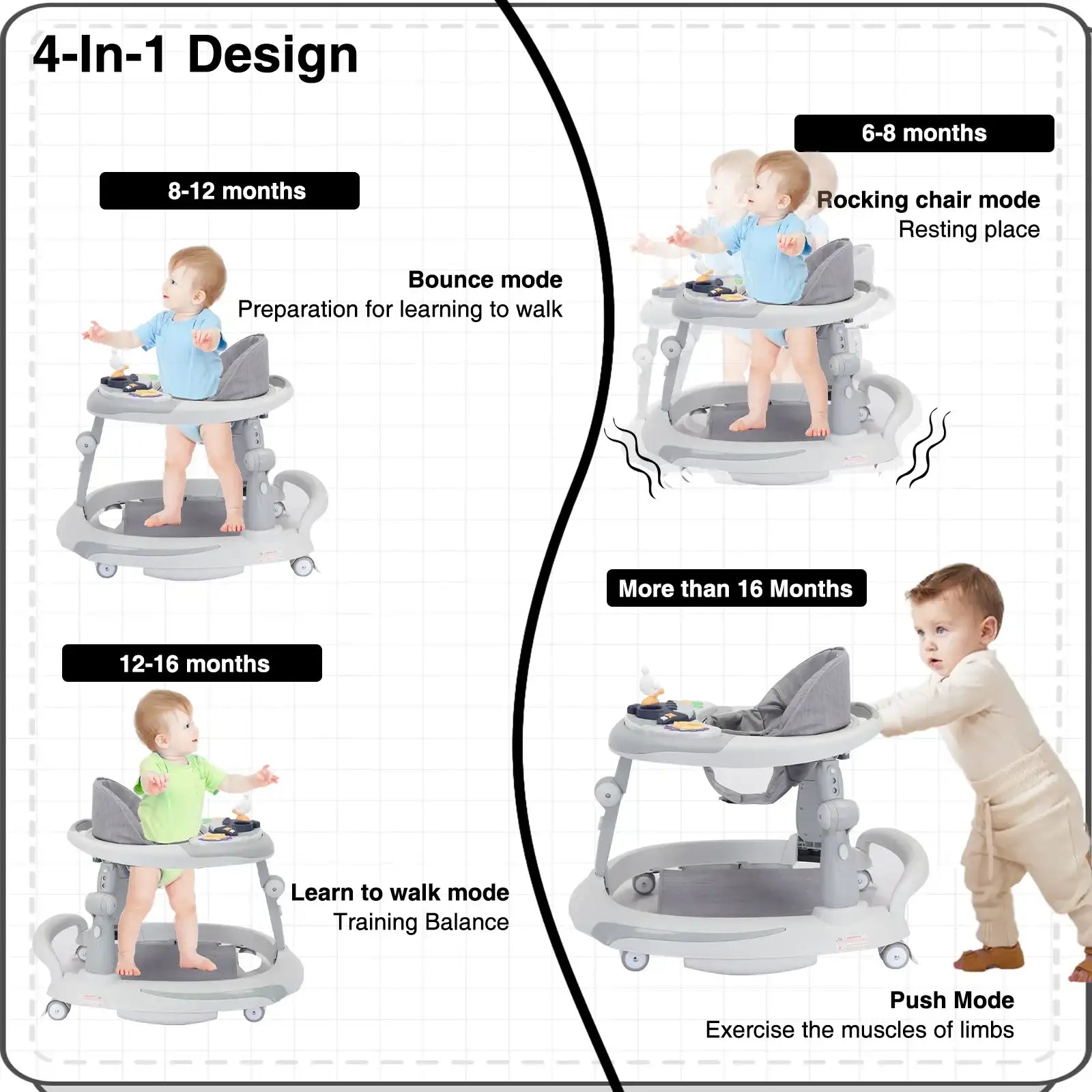 Foldable Adjustable Height Baby Walker with O-Shape Legs & Anti-Rollover Design – 6-18 Months