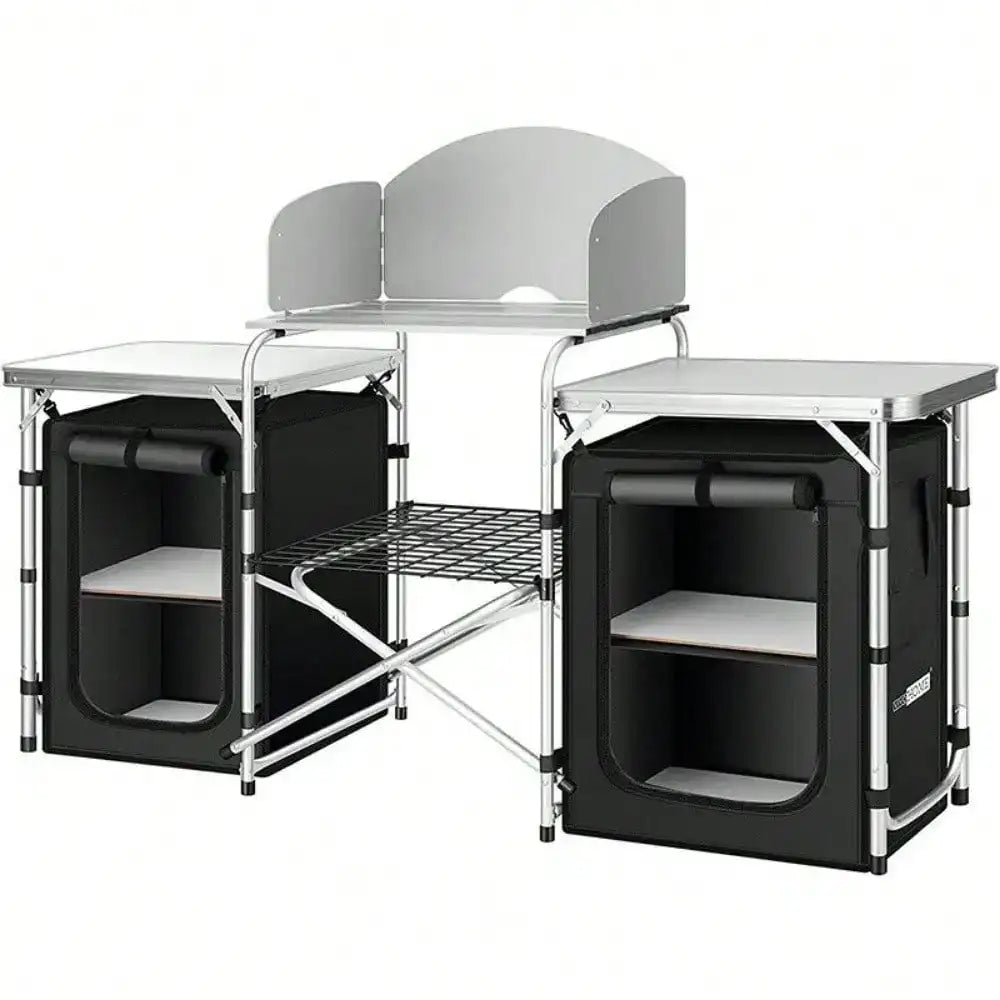 Portable Folding Camping Kitchen Table – Picnic Cabinet with Windshield & Storage