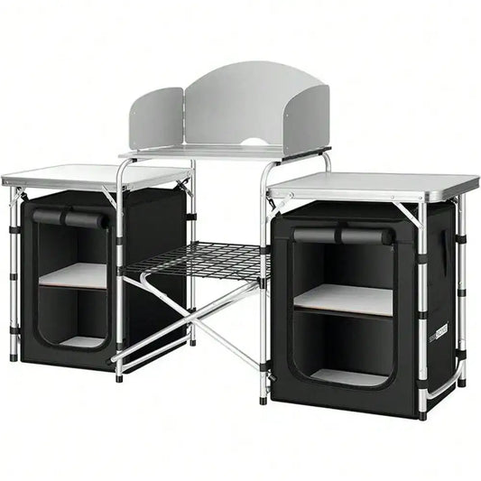 Portable Folding Camping Kitchen Table – Picnic Cabinet with Windshield & Storage