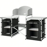Portable Folding Camping Kitchen Table – Picnic Cabinet with Windshield & Storage