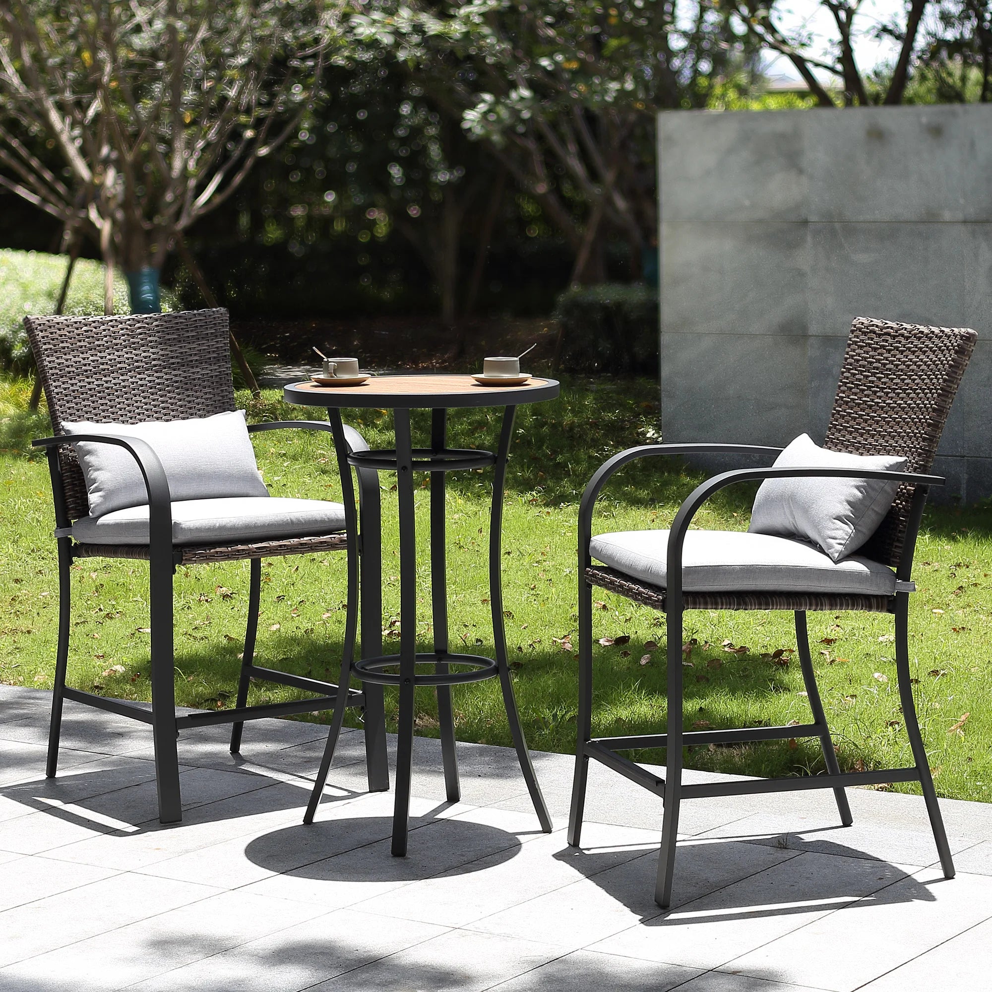 “3-Piece Patio Bar Set – Rattan Wicker Outdoor Furniture with Cushioned Stools & High Table for Backyard, Deck & Poolside”