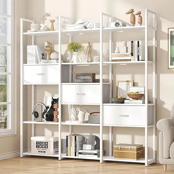 5-Tier L-Shaped Corner Bookcase – White & Gold Modern Display Shelf with Adjustable Feet & Anti-Tip Design
