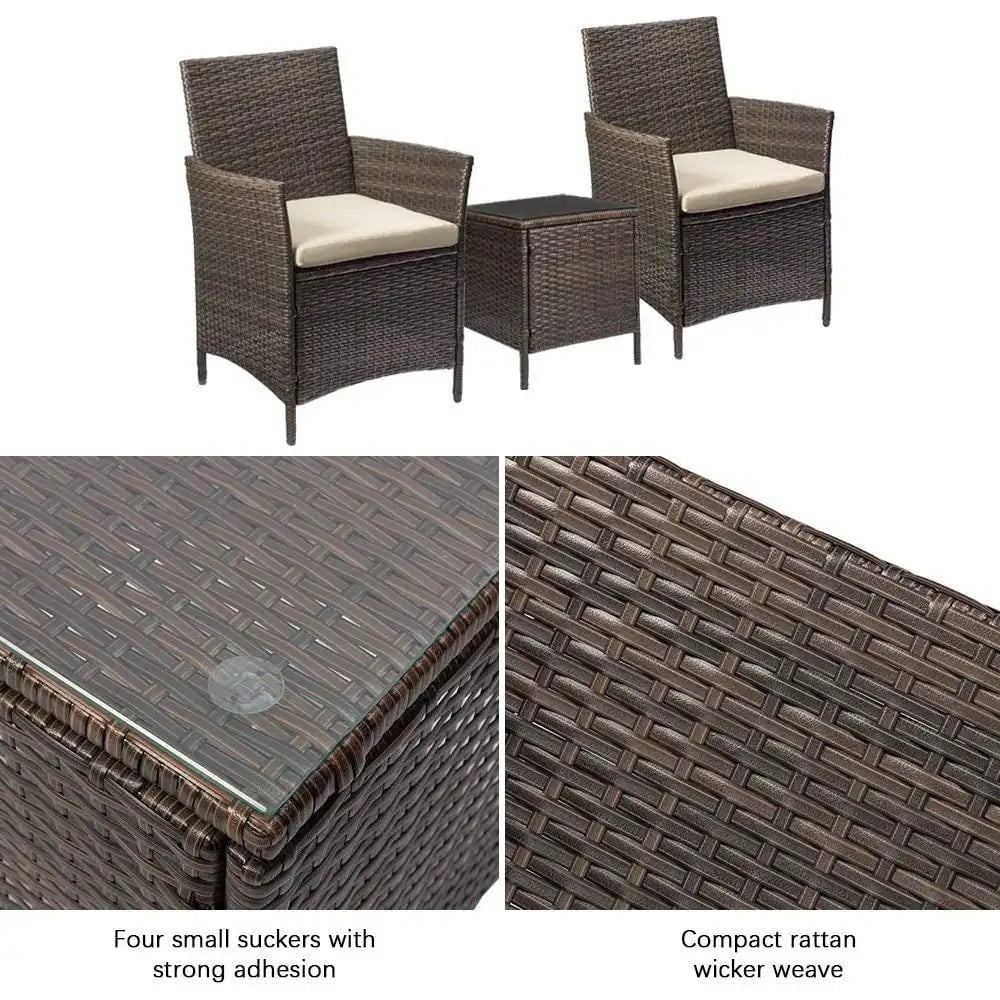 “3-Piece Outdoor Patio Bar Set – PE Rattan Wicker Table & Cushioned Chairs with Tempered Glass Top in Brown & Beige”