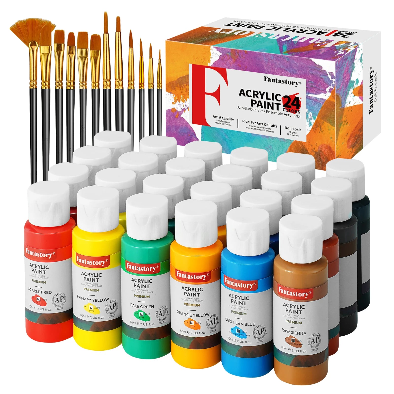 Fantastory 24-Color Acrylic Paint Set with 12 Professional Brushes – Ideal for Canvas, Glass & Wood 🎨🖌️