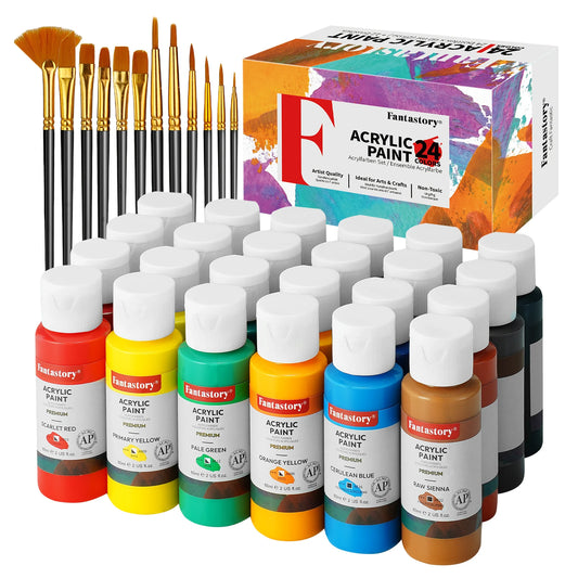 Fantastory 24-Color Acrylic Paint Set with 12 Professional Brushes – Ideal for Canvas, Glass & Wood 🎨🖌️