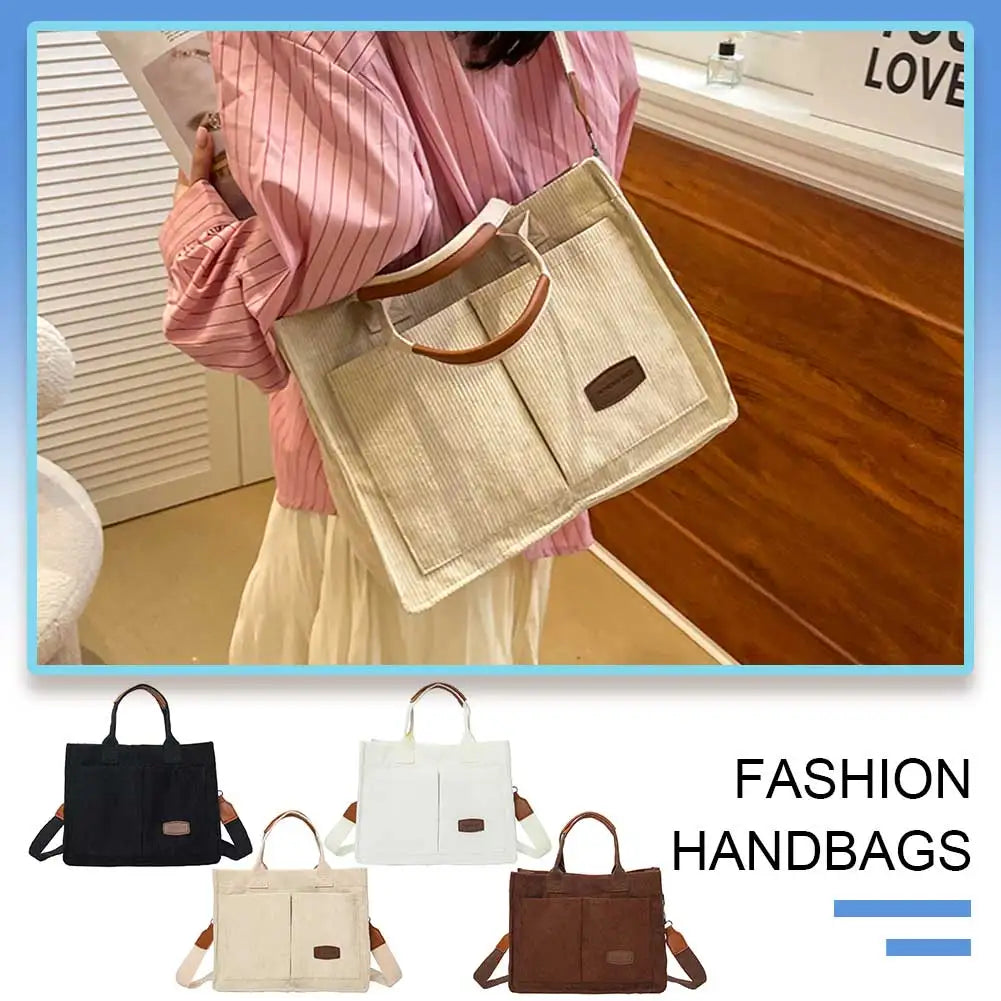 Women’s corduroy tote bag – large-capacity fashion handbag with multiple pockets, top-handle & crossbody design for everyday use