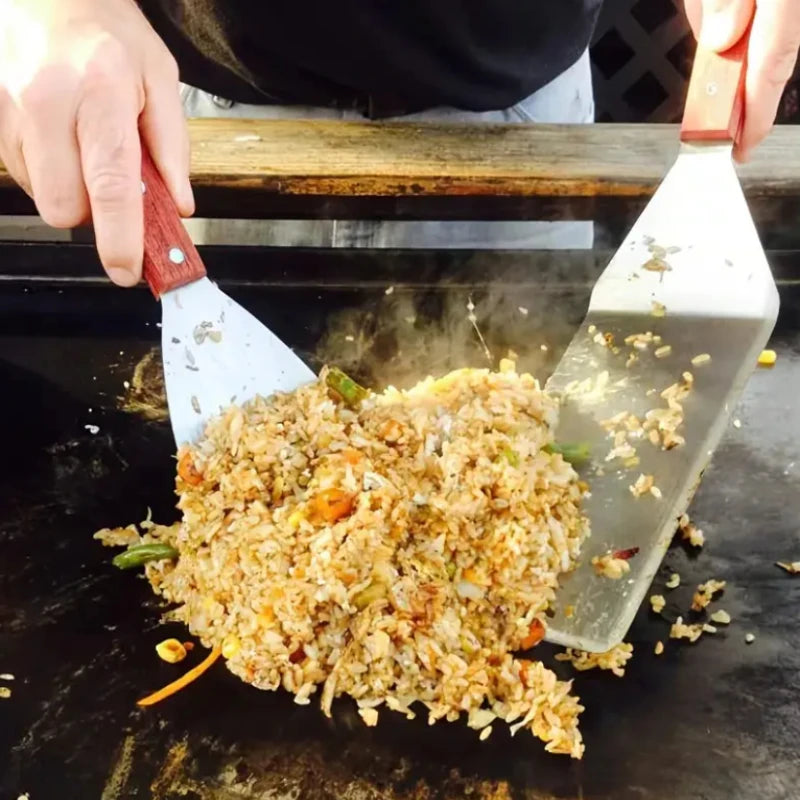 Set of 2 Large Stainless Steel Spatulas with Wooden Handles – Slotted & Solid Turner for Grilling, Iron-Plate, Pizza & Steak Cooking