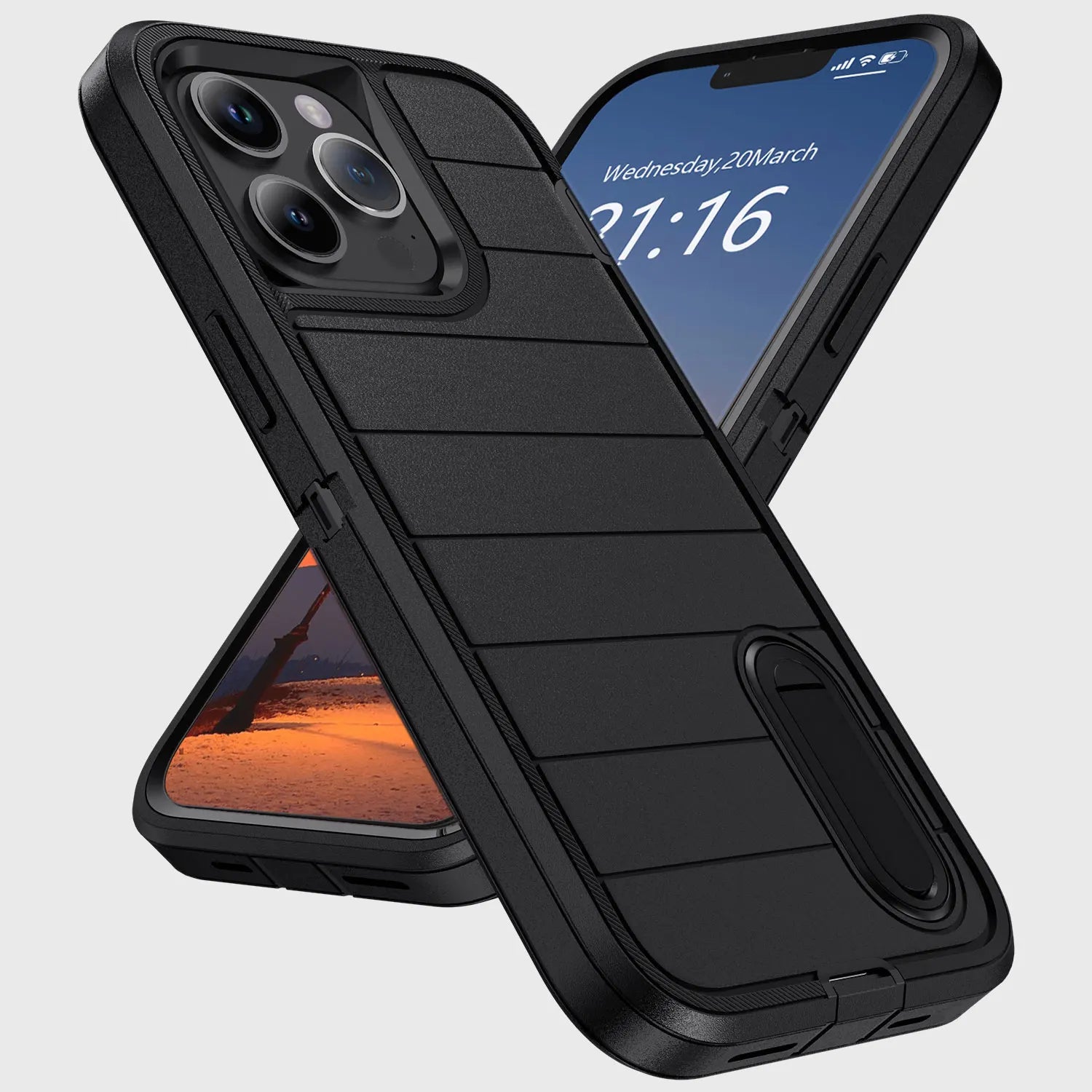 iPhone 13 Series Heavy Duty Case – 3-Layer Shockproof Kickstand Cover for 13, 13 Pro & 13 Pro Max
