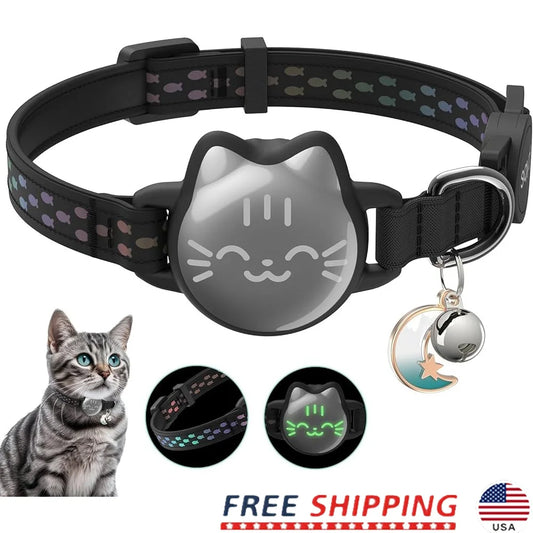 Waterproof Cat Collar with AirTag Holder – Reflective Fish Pattern, Lightweight Soft Breakaway GPS Tracker Collar for Kittens & Cats