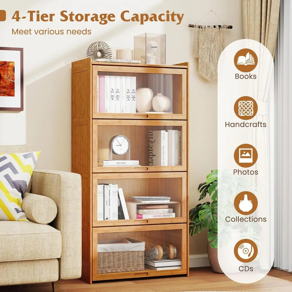 🎋 4-Tier Bamboo Bookcase with Clear Flip-Up Doors – 55" Freestanding Bookshelf & Cube Storage Organizer with Shelves