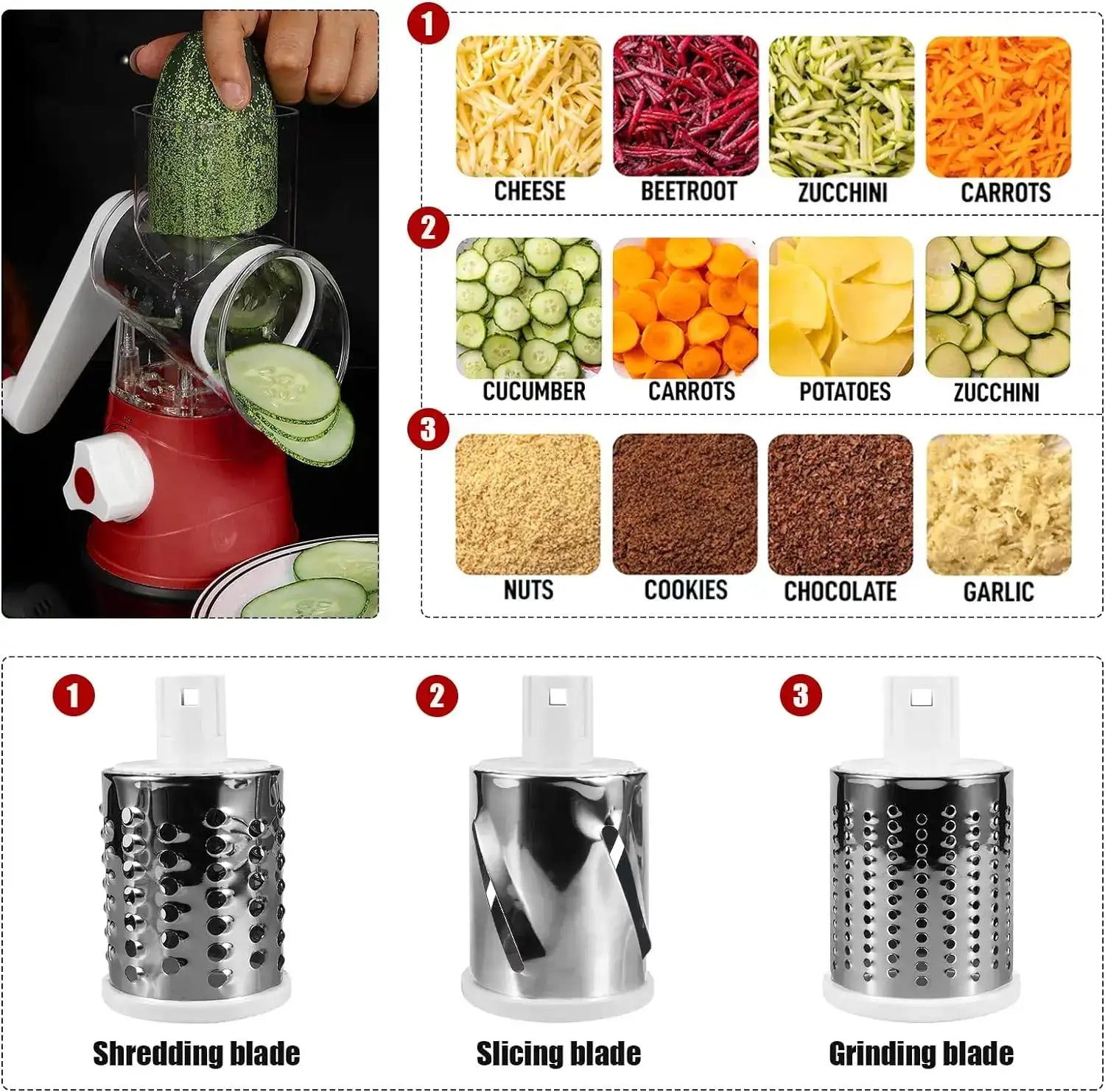 3‑in‑1 Rotary Cheese Grater & Vegetable Slicer – Manual Drum Shredder with Three Blades for Cheese, Veggies & Nuts