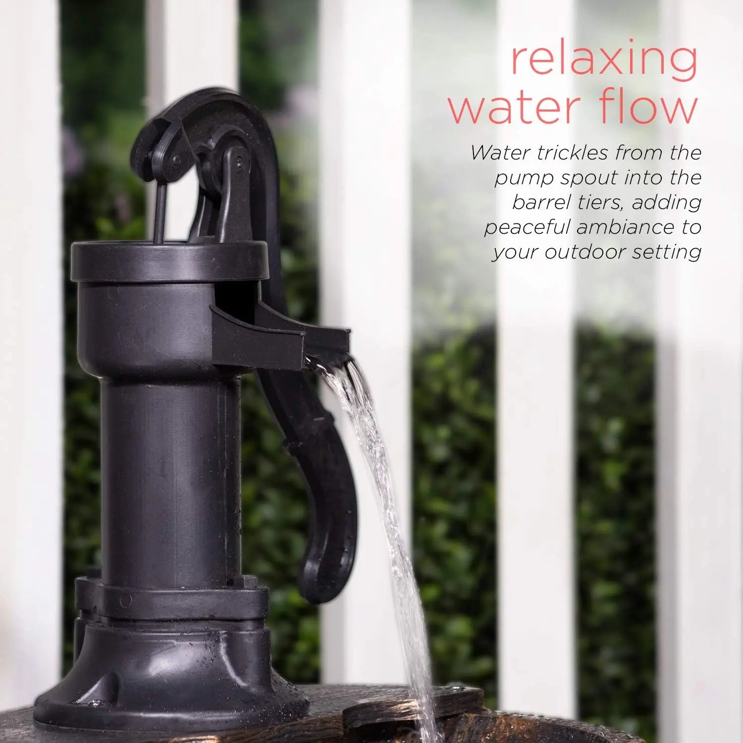 Rustic 2-Tier Barrel and Pump Water Fountain – Bronze Finish | 27”H Outdoor Garden & Patio Fountain with Relaxing Water Flow