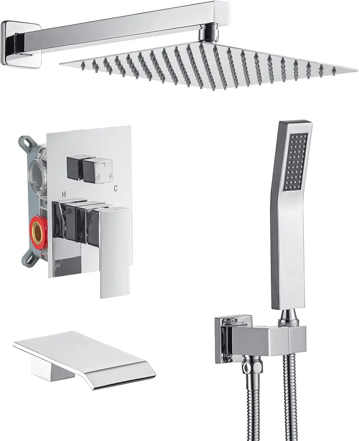 Black Concealed Shower System Rainfall Waterfall Set with Tub Spout – Luxury In-Wall Mixer Kit