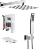 Black Concealed Shower System Rainfall Waterfall Set with Tub Spout – Luxury In-Wall Mixer Kit