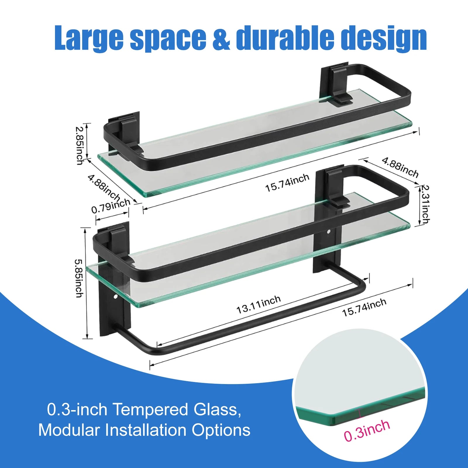 Glass Bathroom Shelf with Towel Bar – 15.7" Rustproof Metal 2-Tier Wall Organizer