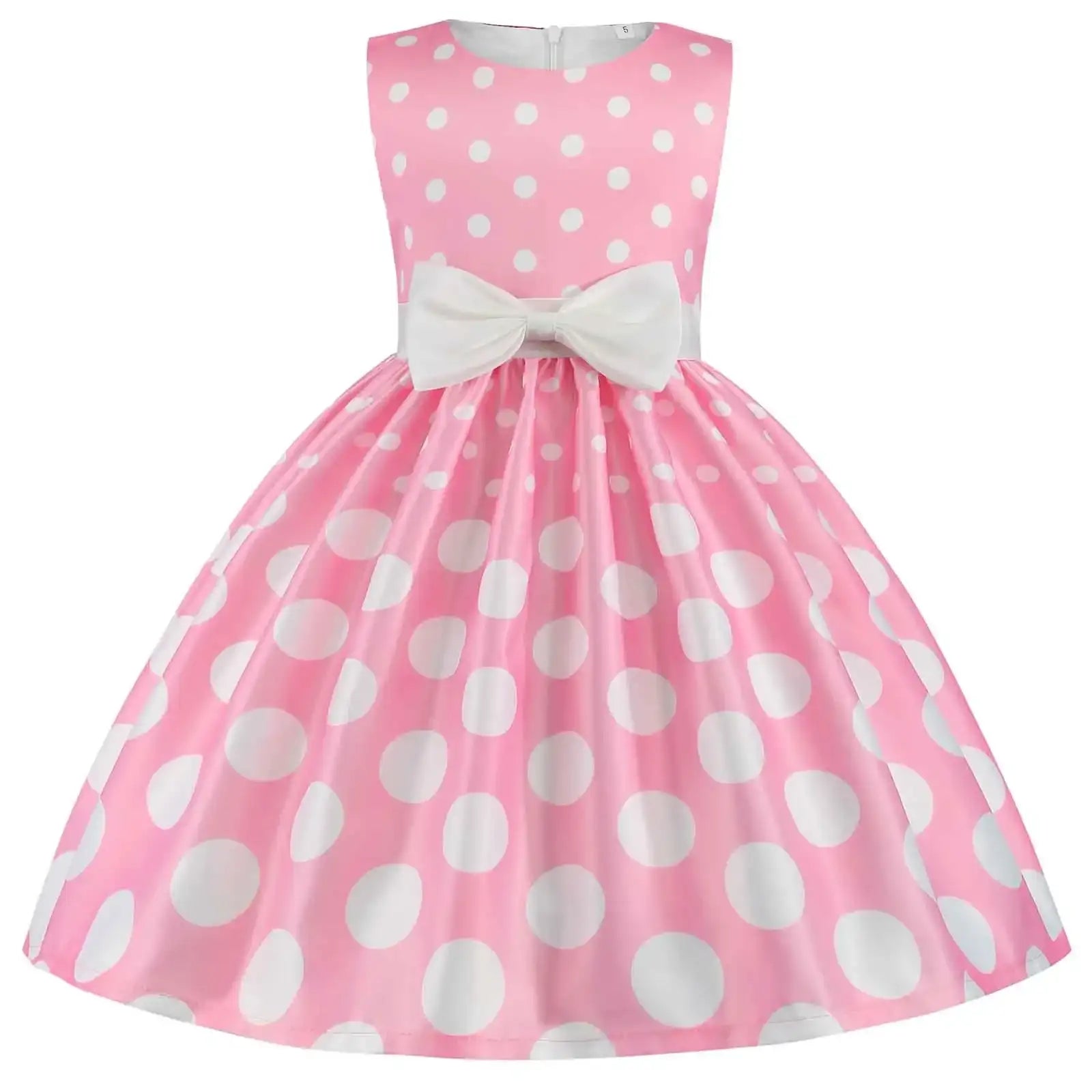 Girls Sleeveless Dot Party Dress – Bowknot Birthday & Wedding Gown (Kids)