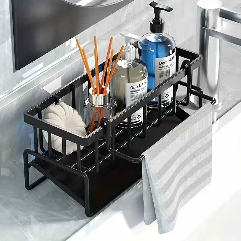 Multi-Functional Kitchen Sink Caddy Organizer – 9.1″ Wide Sponge & Dishcloth Drain Rack