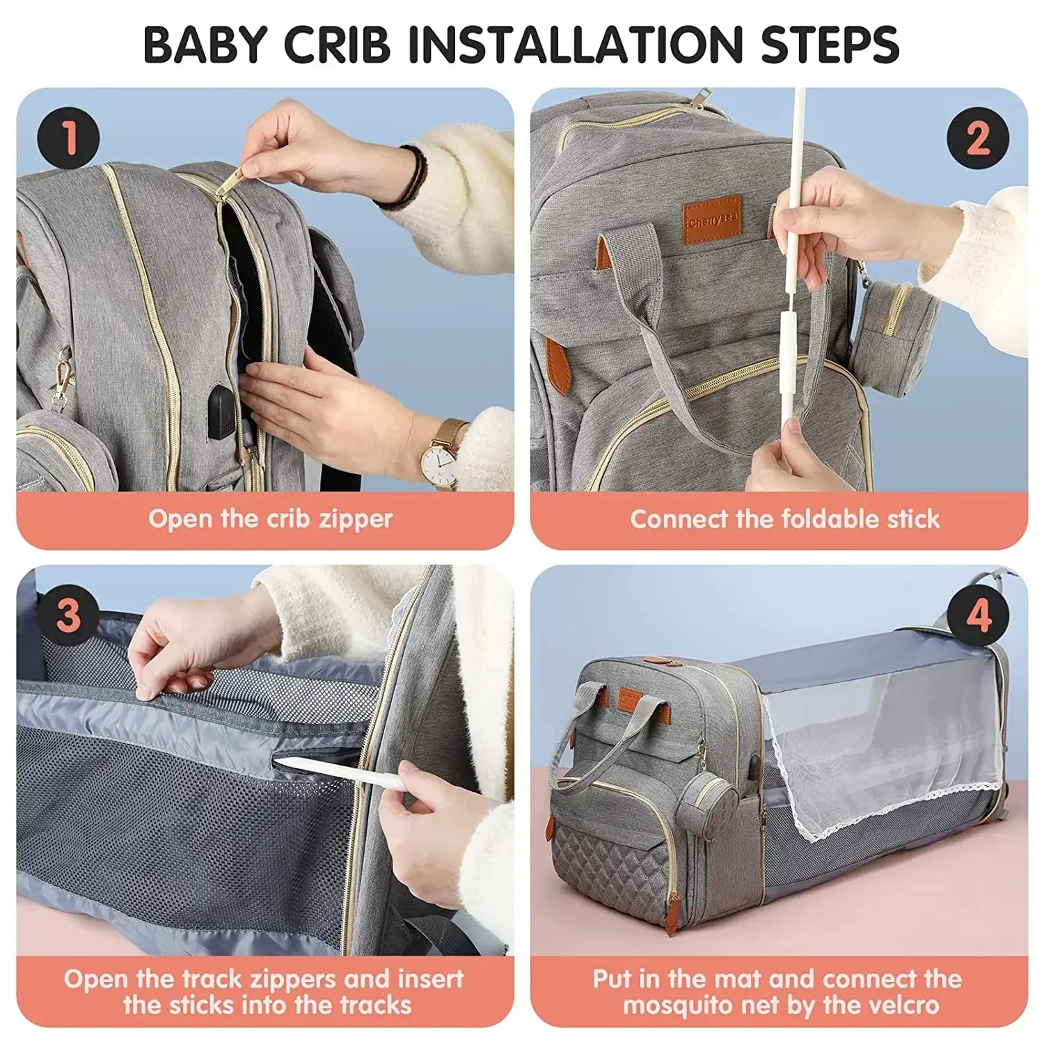 3-in-1 Diaper Bag Backpack with Foldable Baby Bed – Waterproof Travel Baby Bag with USB Charging | Multi-Function Changing Bed Backpack