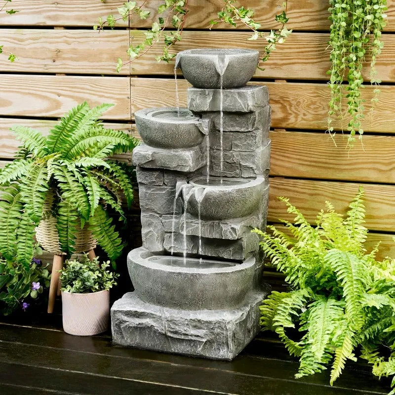 33.25″ Cascading Bowls & Stacked Stones LED Outdoor Water Fountain