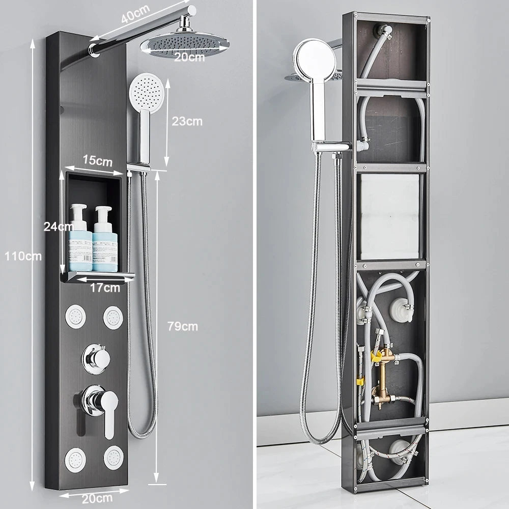 Brushed Nickel Shower Panel Column with Rainwaterfall Head & Massage Jets – Thermostatic Mixer Tap