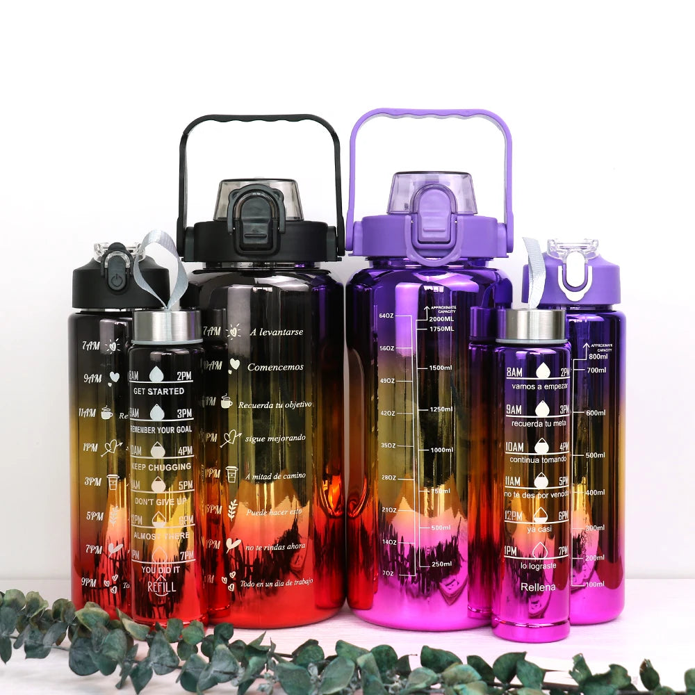 3PCS Leak-Proof Gradient Sports Water Bottles with Straws & Time Markers – Fitness, School & Office