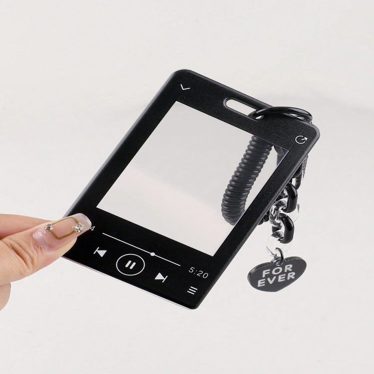 Music Player-Shaped Acrylic ID Card Holder with Glitter Badge Reel – Clear Card Sleeve with Keyring Accessory