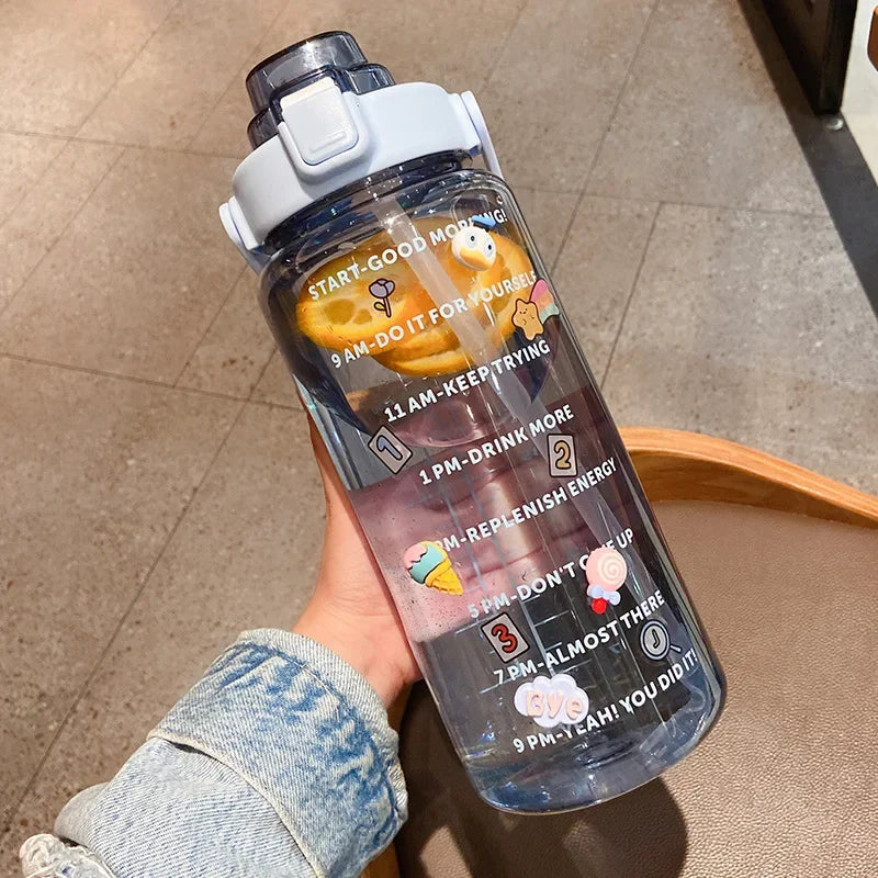 2 L Sports Straw Water Bottle – Large Capacity Jug with Time-Marker & Stickers, Portable for Fitness & Travel