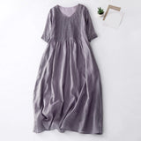 Women’s Solid Cotton Linen Maxi Dress – A-Line V-Neck Pleated Summer Sundress with Pockets & Short Sleeves