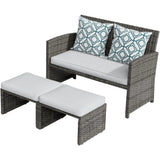 3-Piece Casual Patio Furniture Set – Gray Rattan Loveseat with Ottomans & White Cushions | Outdoor Wicker Conversation Set for Porch & Garden
