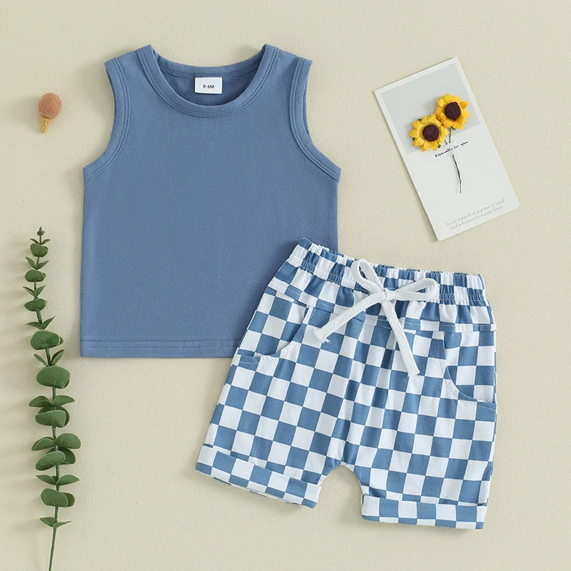 Baby Boy Summer Outfit – 2 Pcs Sleeveless Tank Top & Checkered Shorts Set for Toddler Casual Wear