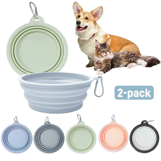 2-Pack Collapsible Pet Silicone Bowls – Portable Folding Food & Water Dishes with Carabiner for Dogs & Cats, Camping & Travel