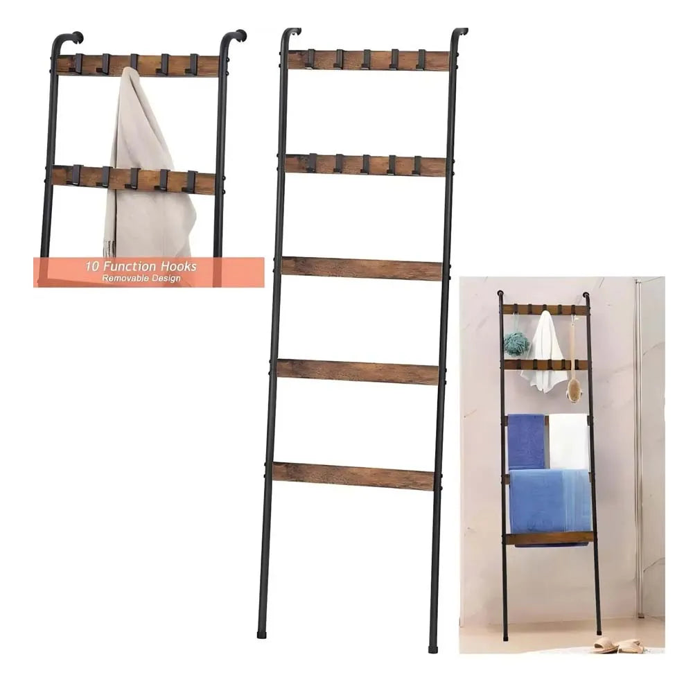 5-Tier Rustic Brown Blanket Ladder with 10 Hooks – Wall-Leaning Storage Rack for Living Room, Bedroom, Bathroom
