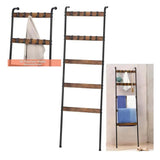 5-Tier Rustic Brown Blanket Ladder with 10 Hooks – Wall-Leaning Storage Rack for Living Room, Bedroom, Bathroom