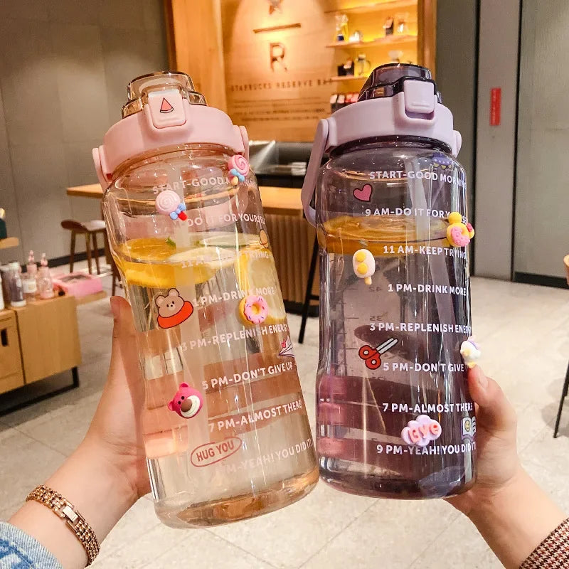 2 L Sports Straw Water Bottle – Large Capacity Jug with Time-Marker & Stickers, Portable for Fitness & Travel