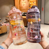 2 L Sports Straw Water Bottle – Large Capacity Jug with Time-Marker & Stickers, Portable for Fitness & Travel