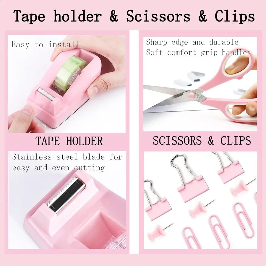 12-Piece Pink Office Desk Accessories Set – Tape Dispenser, Stapler & Organizer