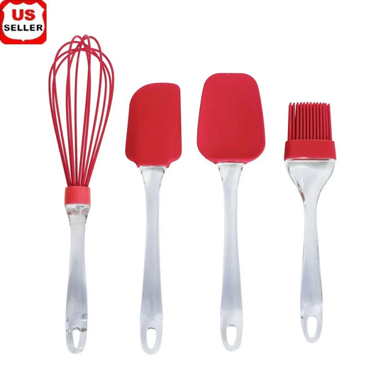 4‑Piece Heat‑Resistant Silicone Kitchen Utensils Set – Whisk, Spatula, Spoon & Basting Brush, Dishwasher Safe