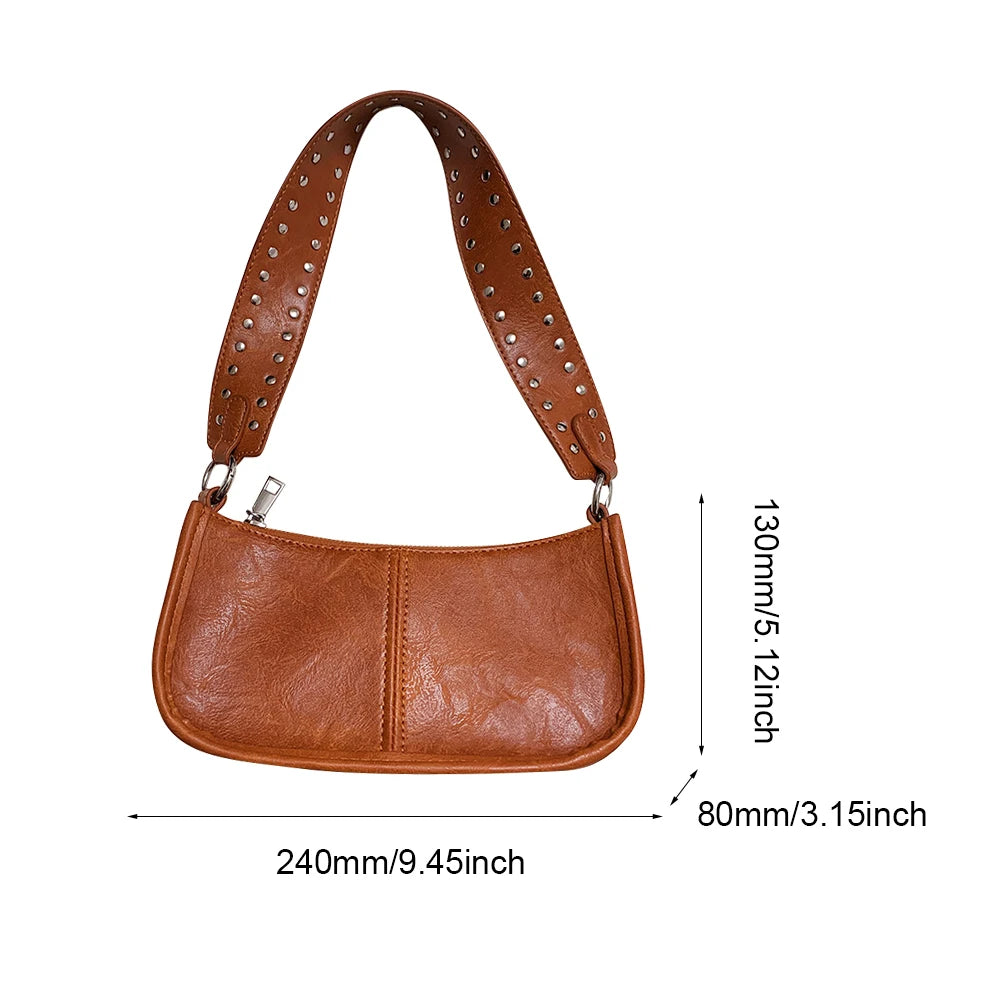 Studded Decor Under-Arm Satchel Bag – Adjustable Strap PU Leather Daily Shoulder Bag for Women