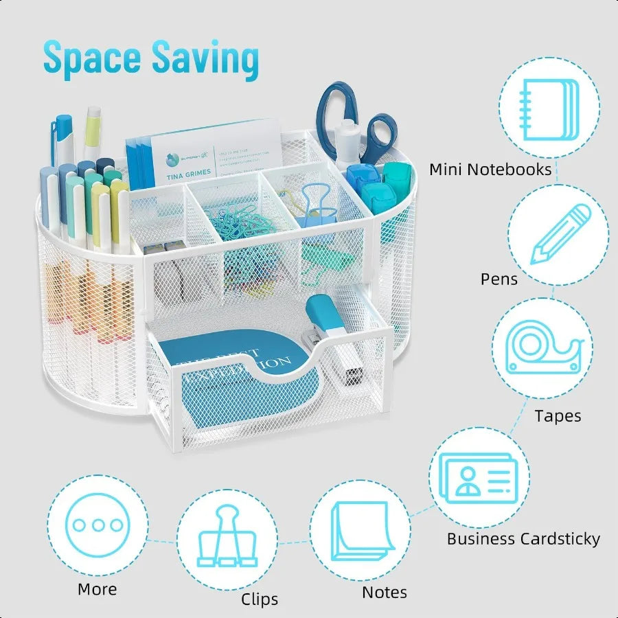 Sleek Mesh Desk Organizer – 9 Compartments Workstation Drawer & Pen-Holder Caddy