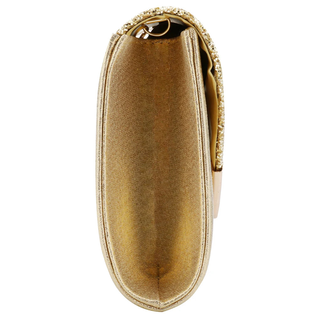 Gold V‑Design Metal‑Chain Glitter Sequined Evening Clutch Bag