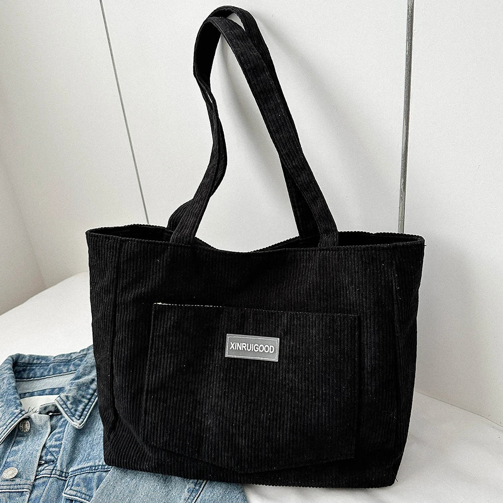 Women’s Corduroy Tote Bag with Pockets – Large-Capacity Shoulder Handbag for School, Work & Shopping