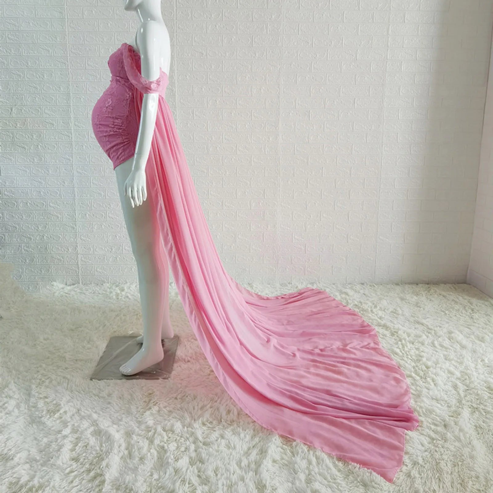 Women’s Off-Shoulder Lace Maternity Dress – Short Sleeve Long Pregnancy Gown for Summer Photography & Baby Showers