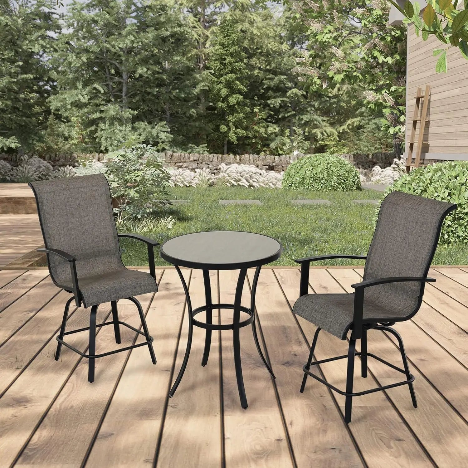 “3-Piece Counter Height Patio Bar Set with Modern Round Table & Swivel Bar Stools – Outdoor Pool, Garden & Backyard Deck Furniture”