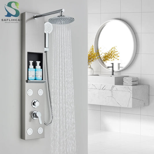 Brushed Nickel Shower Panel Column with Rainwaterfall Head & Massage Jets – Thermostatic Mixer Tap