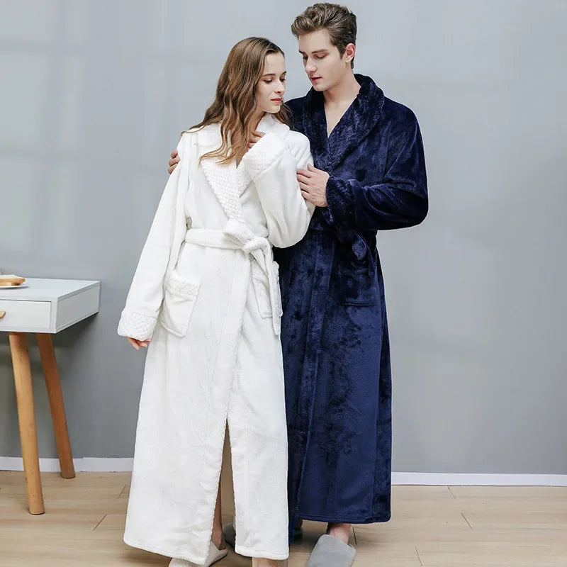 Thick Coral Velvet Bathrobe – Warm Winter Long Robe for Men & Women | Soft Couple Pajama Robe & Shower Wrap
