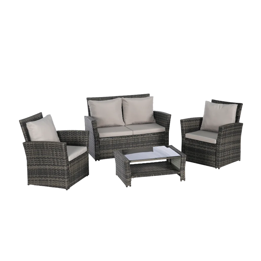 “4-Piece Outdoor Patio Furniture Set – Rattan Chairs with Sofa & Tempered Glass Coffee Table”